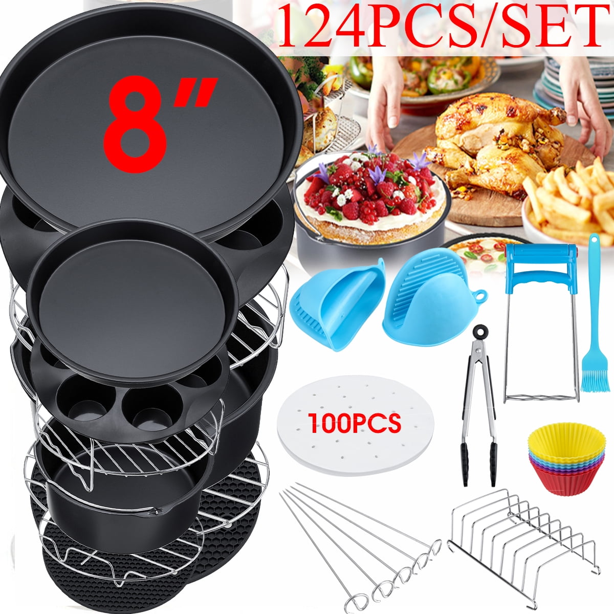 8" Air Fryer Cooking & Baking Accessory,Home Kitchen Tools, 13 in 1 Air