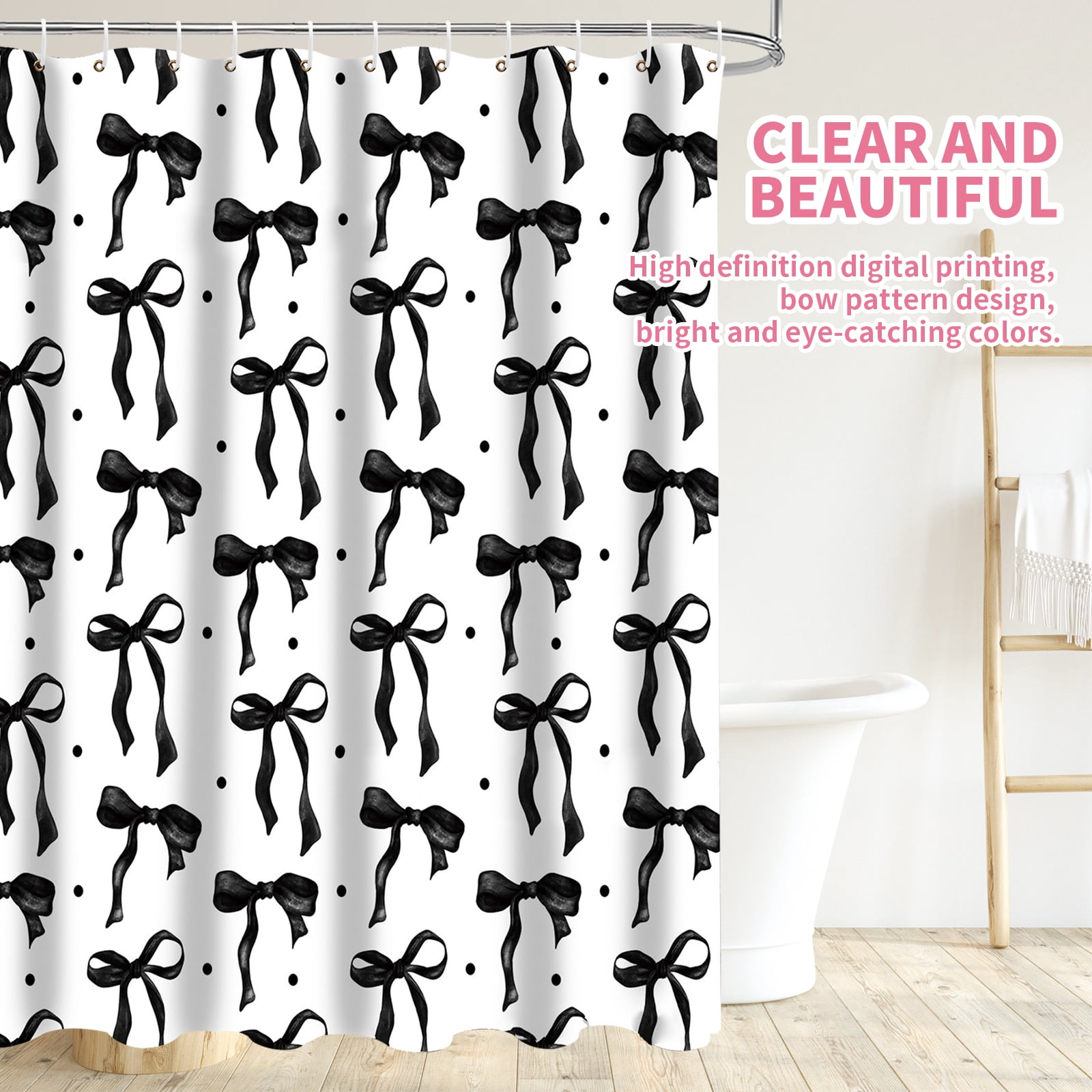 Dznils Black Bow Shower Curtain and Rug Sets, 16pc Modern Fabric Bathroom Curtain Sets, 72" x 72"