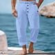 thumbnail image 1 of Pantalones largos para hombre, informales, de playa, de lino, de color liso, holgados, con cordón ajustable y bolsillos con botones, de poliéster., 1 of 9