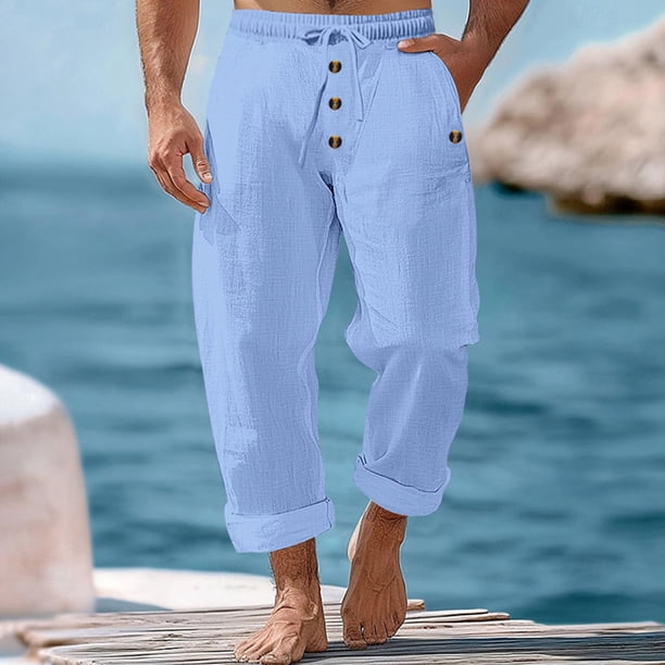 Pantalones largos para hombre, informales, de playa, de lino, de color liso, holgados, con cordón ajustable y bolsillos con botones, de poliéster.