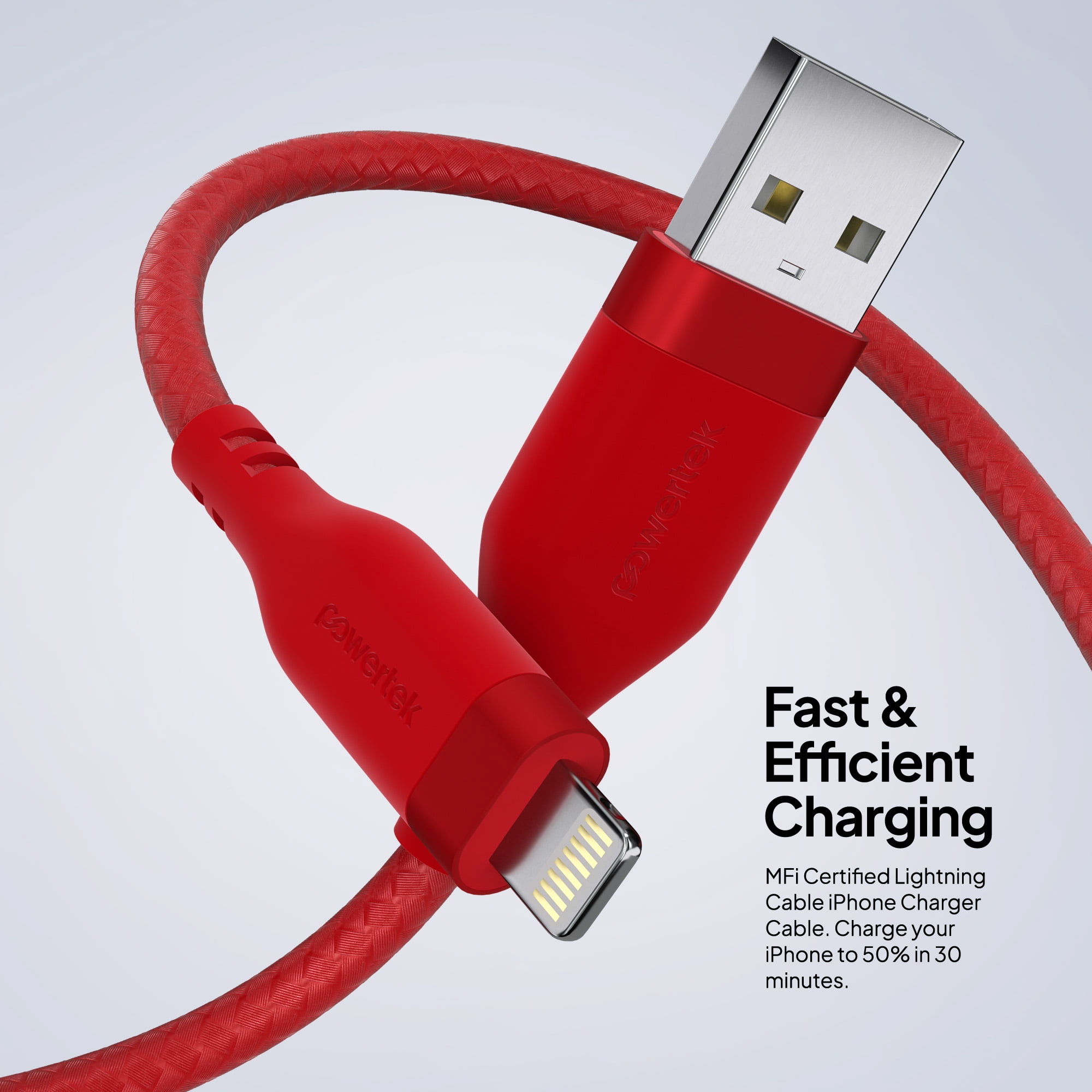 Powertek MFi Certified USB-A to Lightning Charging Cable, Carbon Design Texture, 6 ft, Red