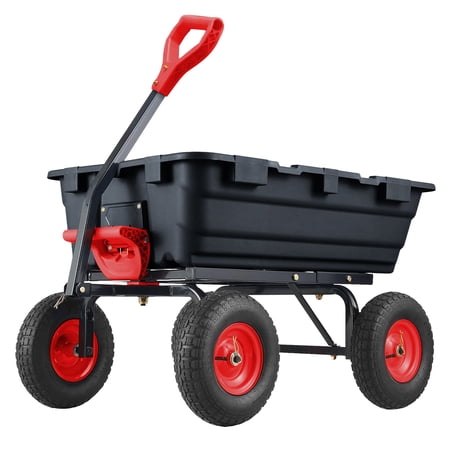 Garden Dump Cart Wagon Poly Dump Cart with 10in Tires & 180° Towing Handle Heavy Duty Wheelbaroow Yard Dump Carts and Wagons for Lawn Tractor 800 Pound Capacity