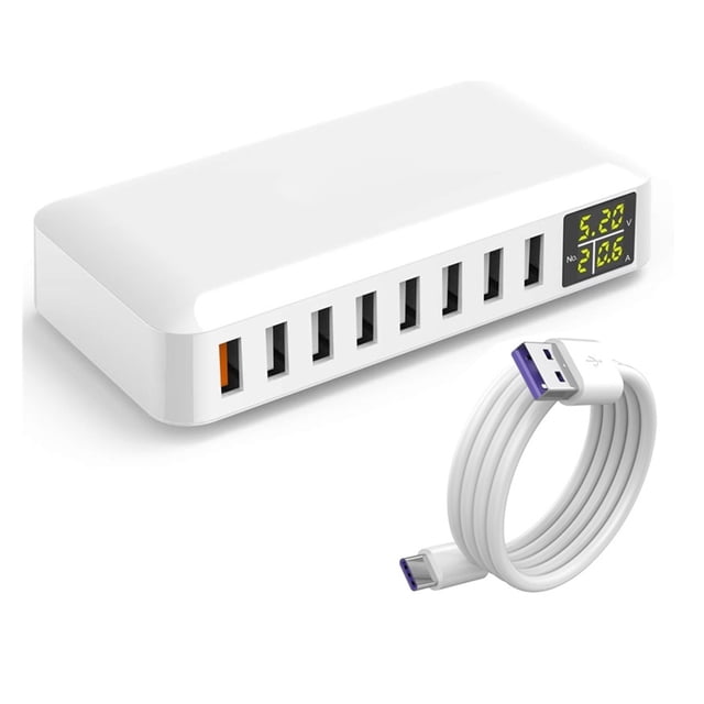 60W Multi USB Charger Station QC3.0 Fast Charger Charging With LED Display 8 Ports Multiple Port Charger For Cellphone,Tablet,and More ,Multi-Device Charger