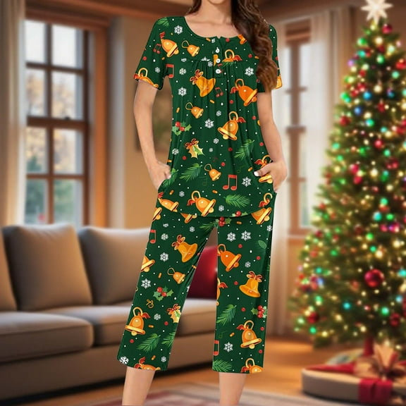 Fznquz Christmas Woman Pajama Set Soft 2 Piece Pajamas Short Sleeve Top and Pants Women's Loungewear Sets