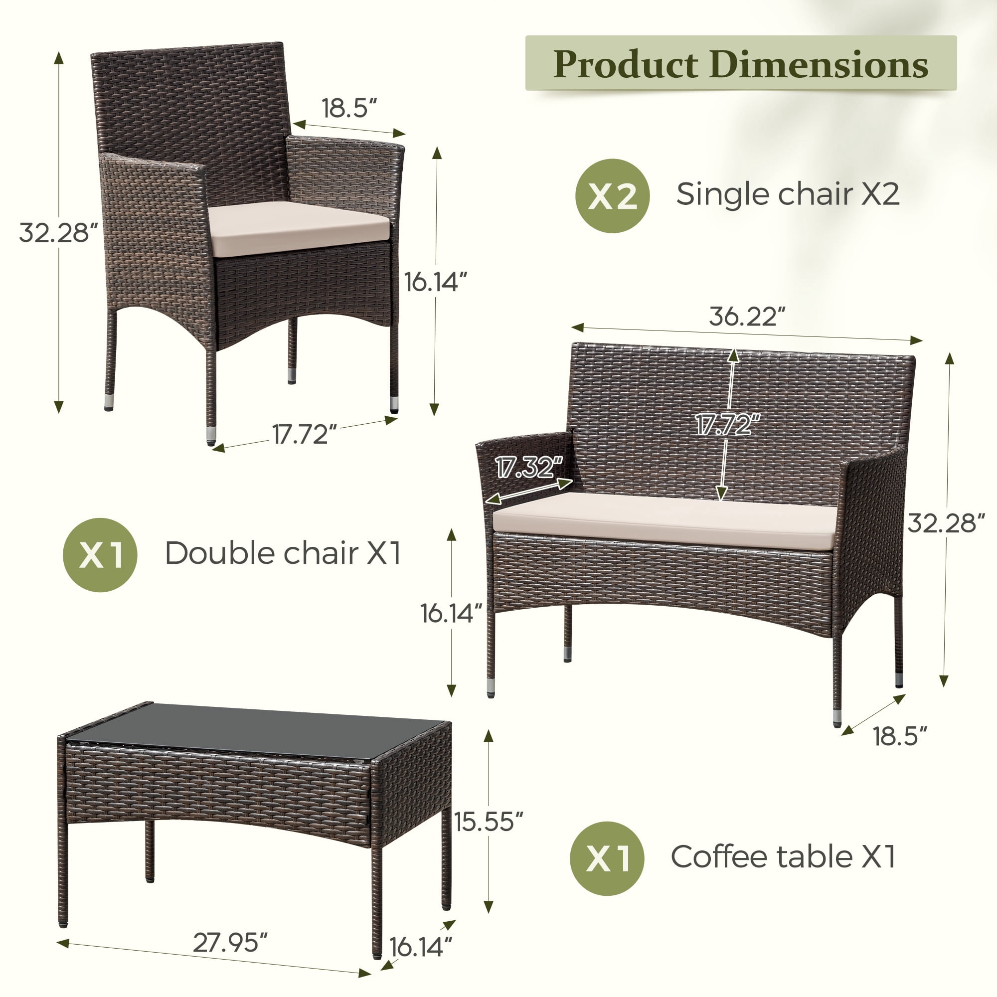 Homall 4 Pieces Outdoor Patio Furniture Brown PE Rattan Wicker Table and Chairs Set Backyard Poolside Garden Porch Sets with Cushioned, Beige Cushion