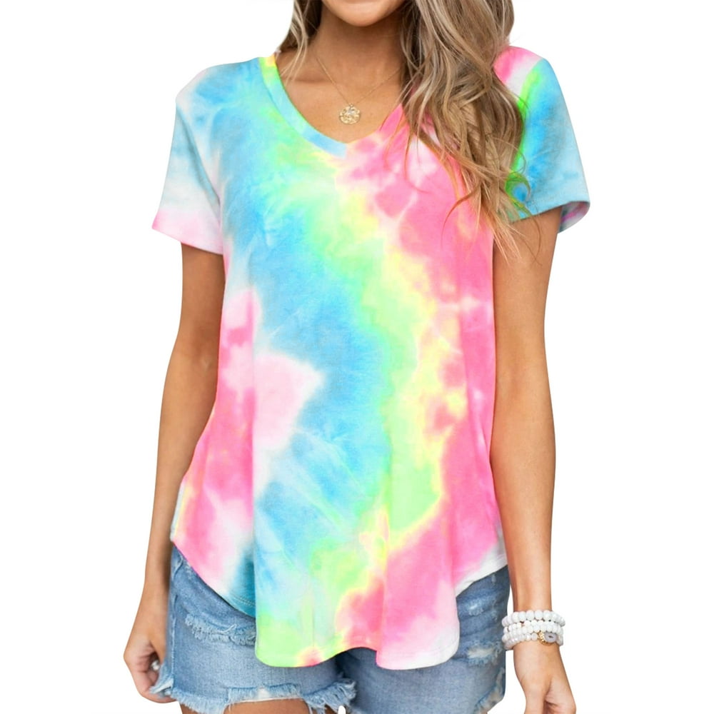Nlife - Women Short Sleeve V Neck Tie Dyed Print Shirt - Walmart.com ...