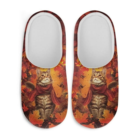 Uourmeti Maple Leaf Cat Women's Memory Foam Slippers Plush Fuzzy Soft Non Slip Indoor Outdoor House Shoes Comfortable Sole Lightweight Cozy Warm & Non Slip