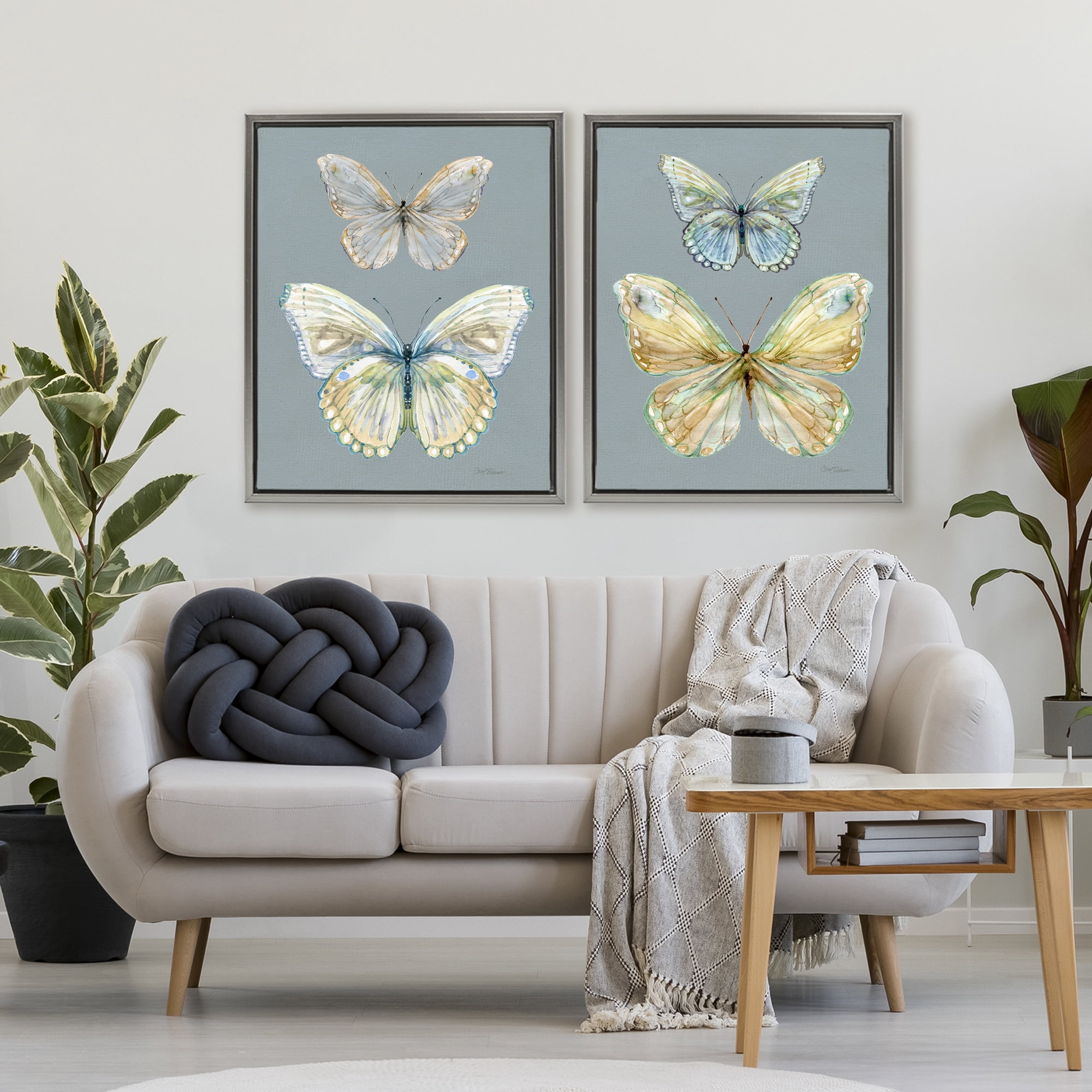 Stupell Industries Butterfly Pairs over Slate 2 Piece Gray Framed Floater Canvas Set, design by Carol Robinson