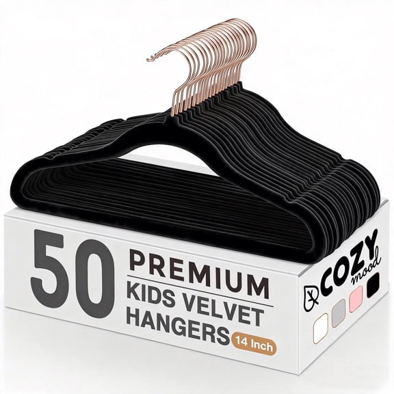 Cozymood Kids Velvet Hangers, 50 Pack 14 Inch Children's Clothes Hangers Non Slip Kids Felt Hanger, Space Saving Toddler Clothes Hanger, Black