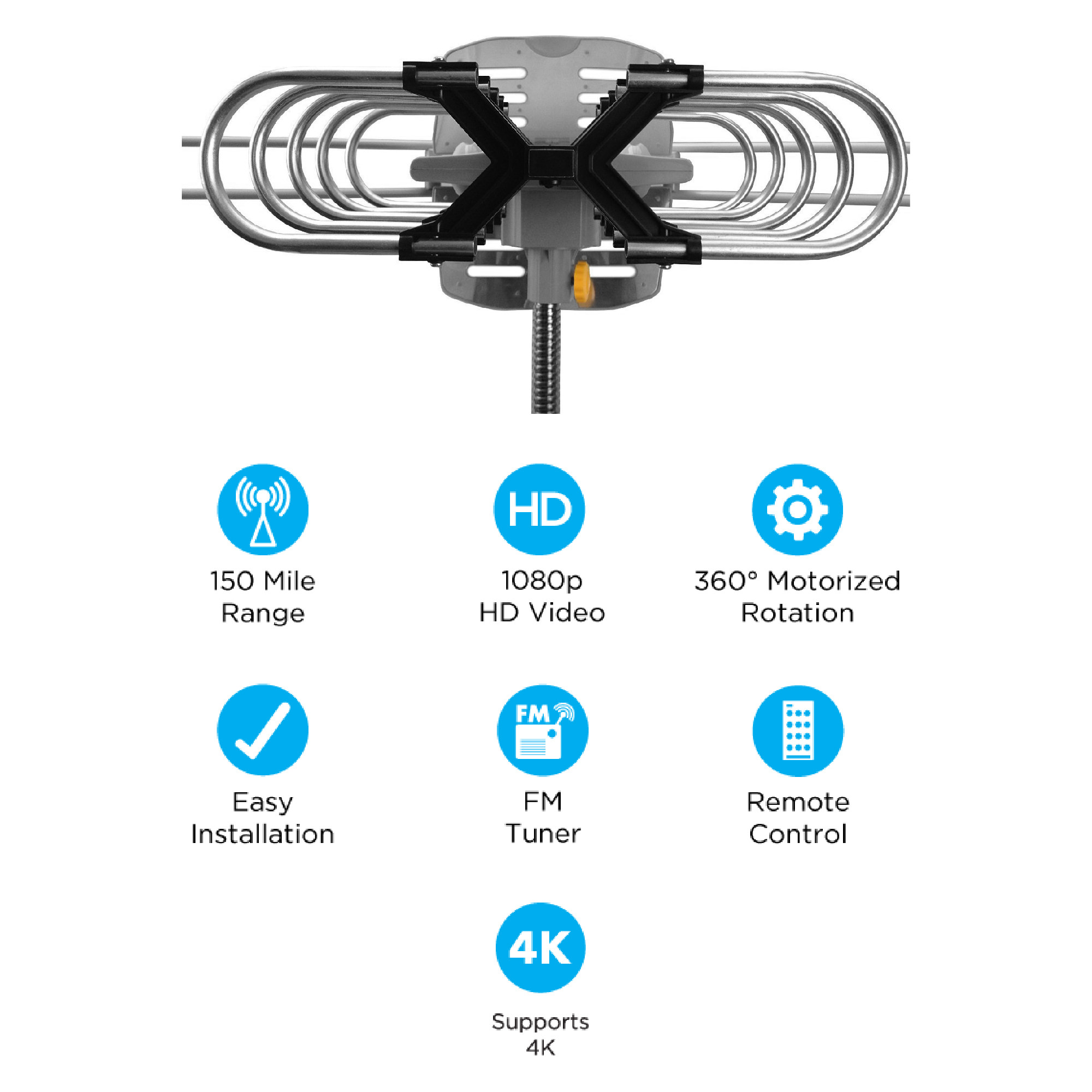 onn. 4K HD Motorized Outdoor TV Antenna with 150-Mile Range and Pole Mounting Kit