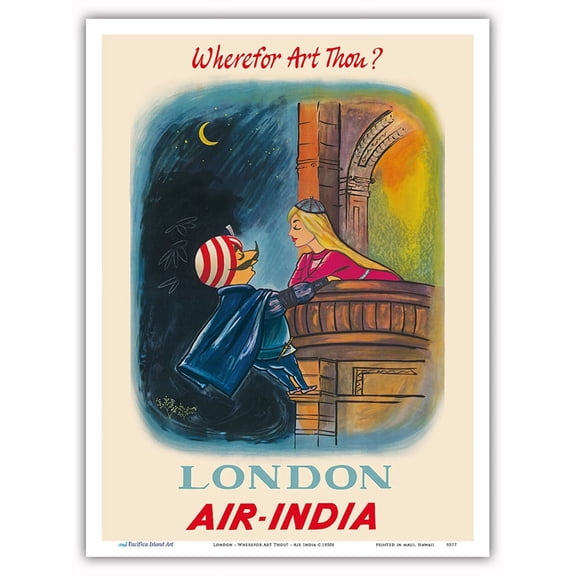 London England - Wherefor Art Thou? - Maharajah Mascot Romeo - Air India - Vintage Airline Travel Poster by Umesh Rao c.1950s - Master Art Print (Unframed) 9in x 12in