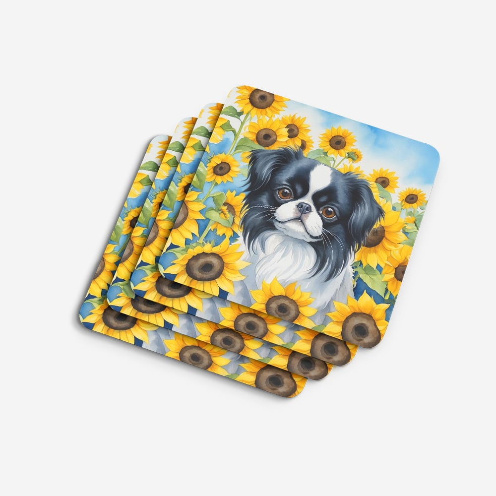 Japanese Chin in Sunflowers Foam Coasters 3.5 in x 3.5 in