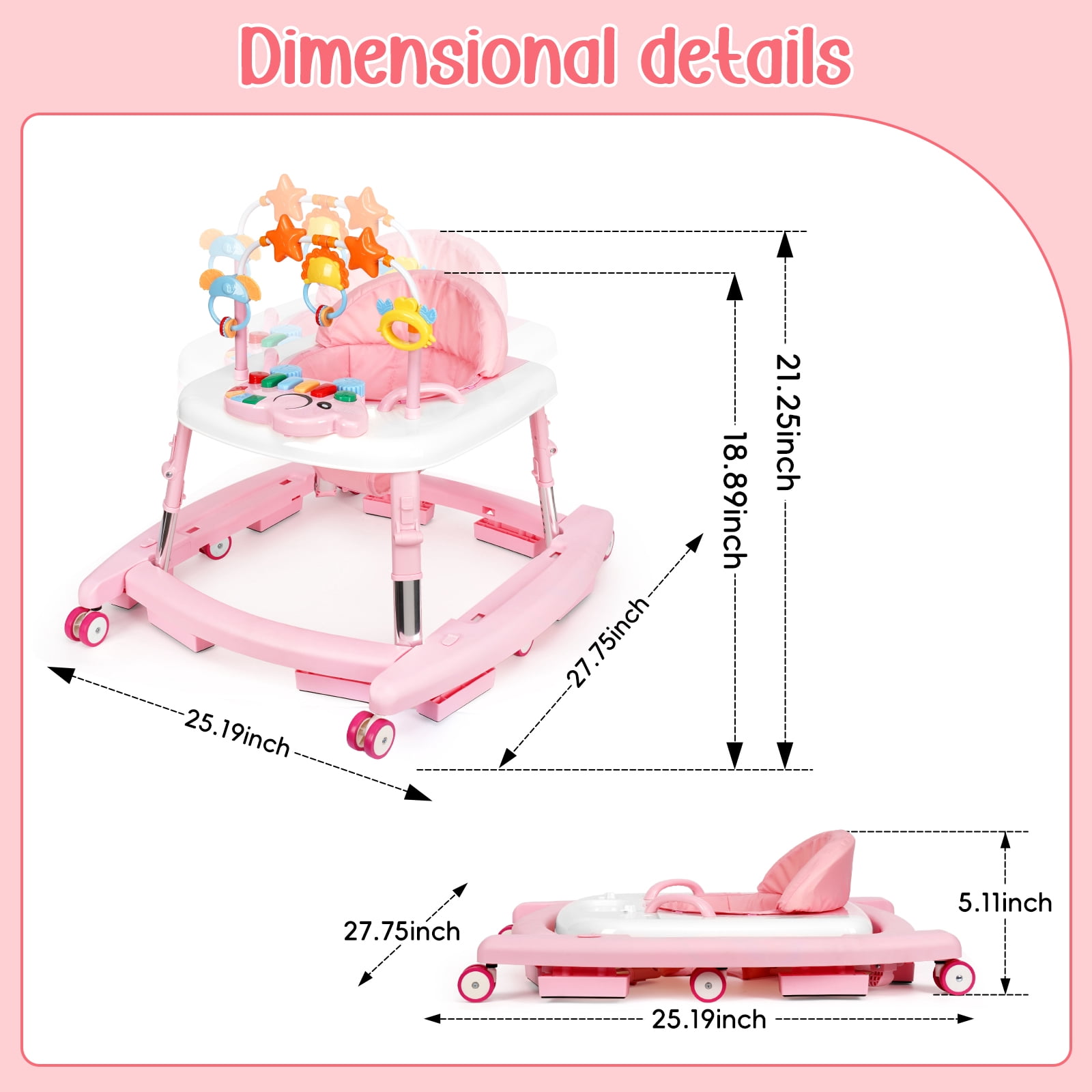 XIOYIG 5 in 1 Baby Walker, Music and Lights Walker for Baby Boy Girls 6-18 Months, Foldable Baby Walkers with Wheels and Bouncer Combo Portable, Toddler Infant Walker with Adjustable Height