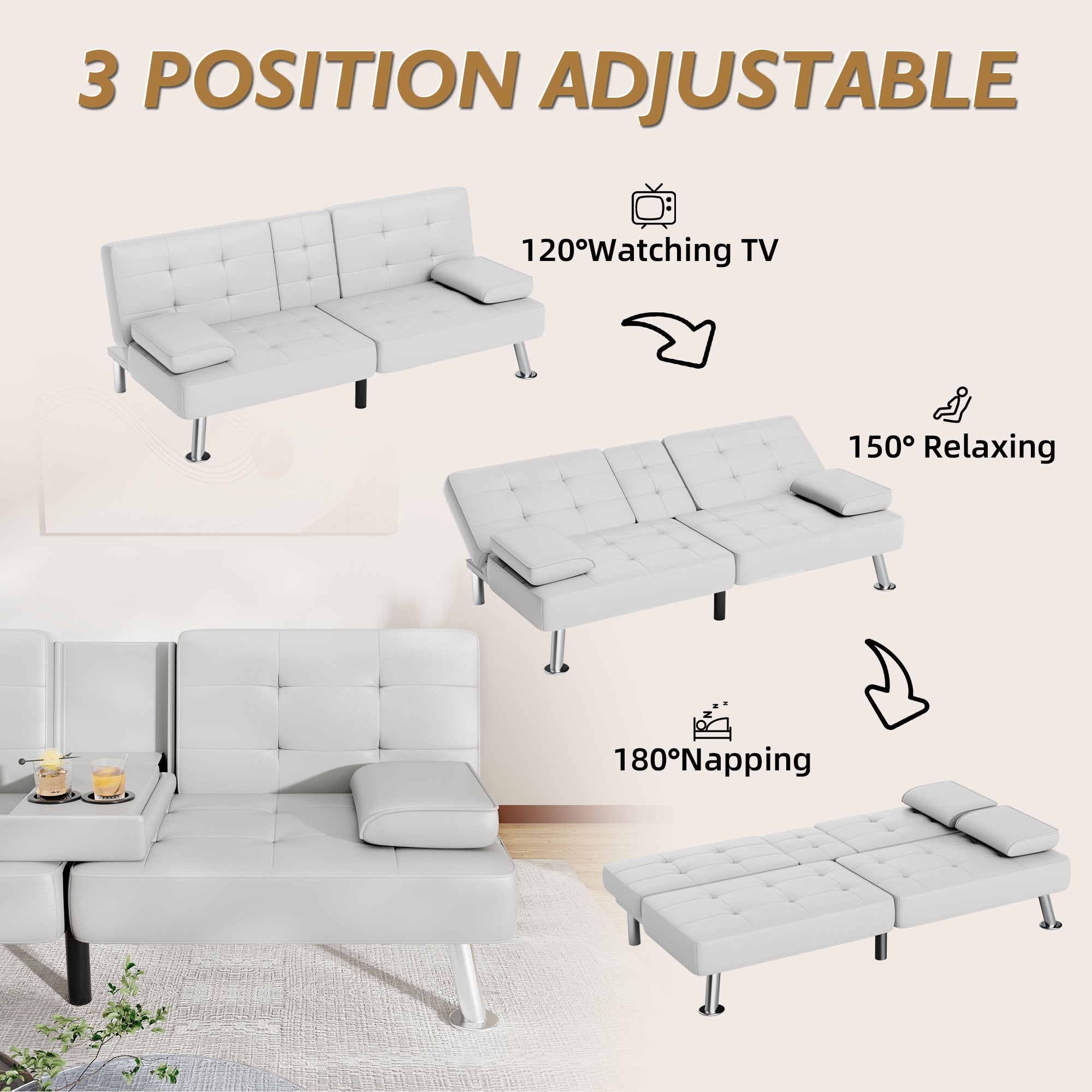Vineego Modern Faux Leather Couch Convertible Folding Futon Sofa Bed with 2 Cup Holders,White