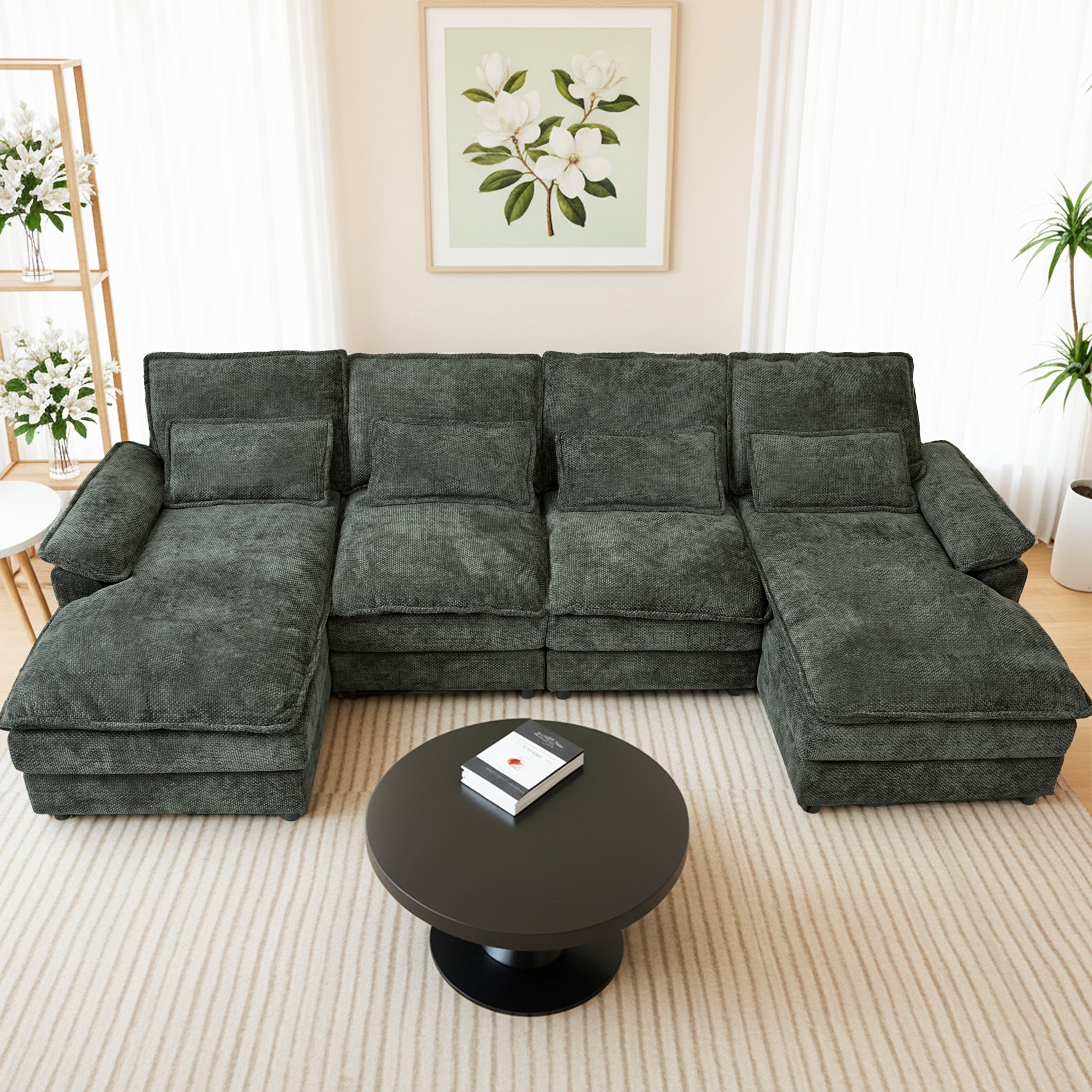 SEENYOO 110.24" U-Shaped Couch, Cloud Modular Sectional Sofa with Chenille Fabric, 4-Seat Comfy Couch for Living Room, Black-Gray