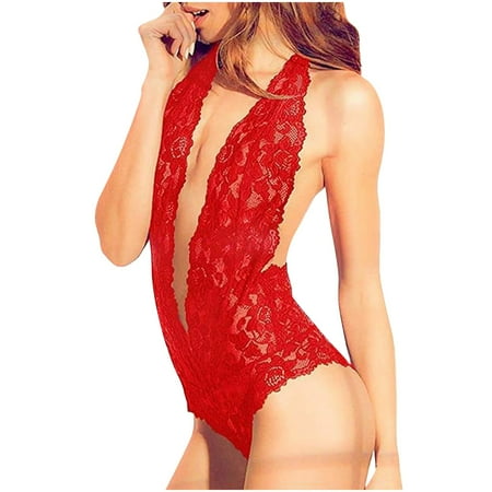 Nmnitkp Sexy Lingerie for Women One Piece Lingerie Lace Bodysuit Deep V Teddy Mini Babydoll & Open-back Lace Lingerie for Women