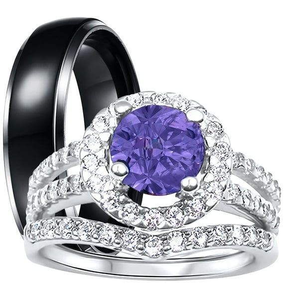 LaRaso & Co His Hers Wedding Rings Purple CZ Black Silver Wedding Engagement Couples Rings Set 5/9