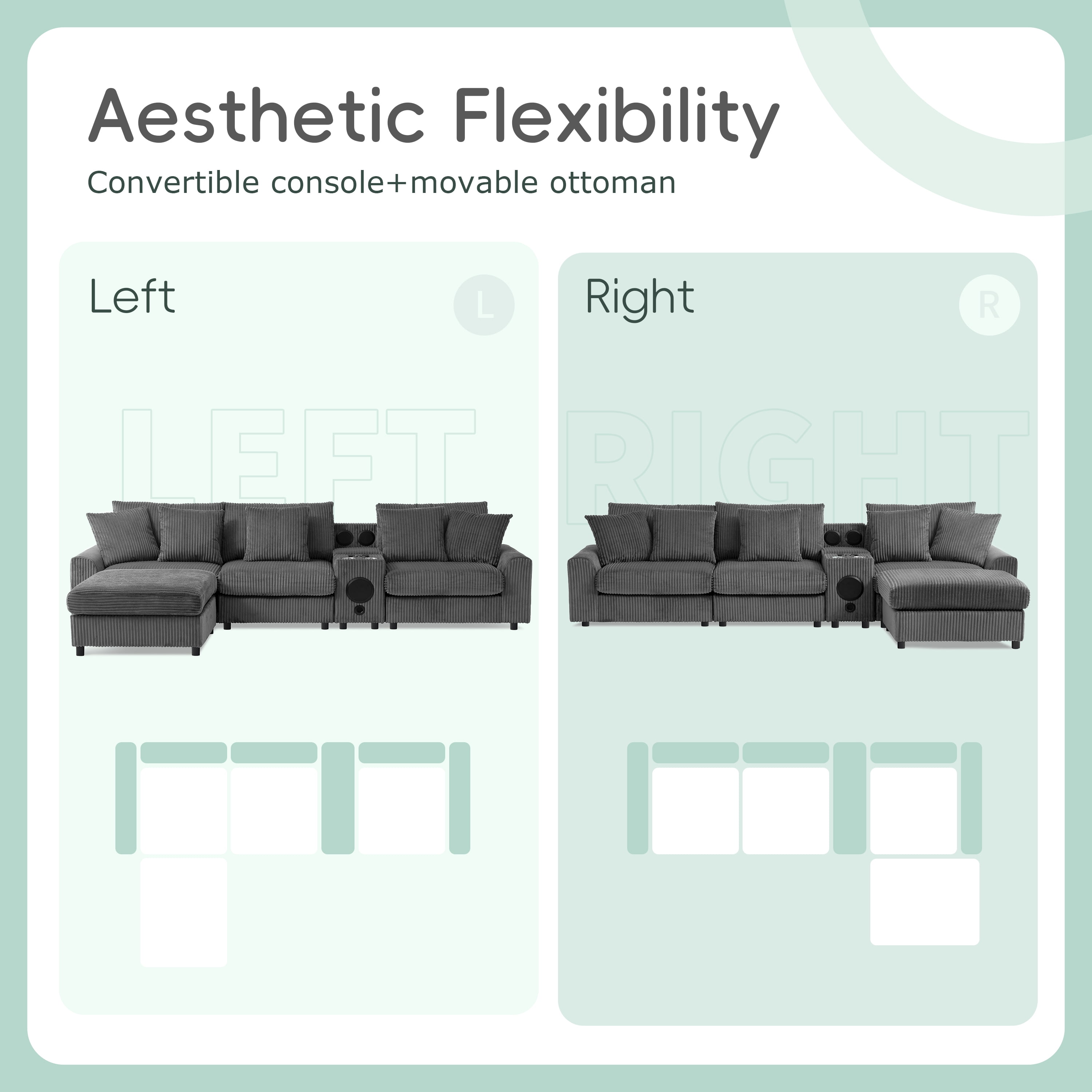 Sectional Sofa, Modular Sofa, L-Shape Couch, Corduroy Sofa with Console, Integrated Audio and Movable Ottoman, Dark Gray