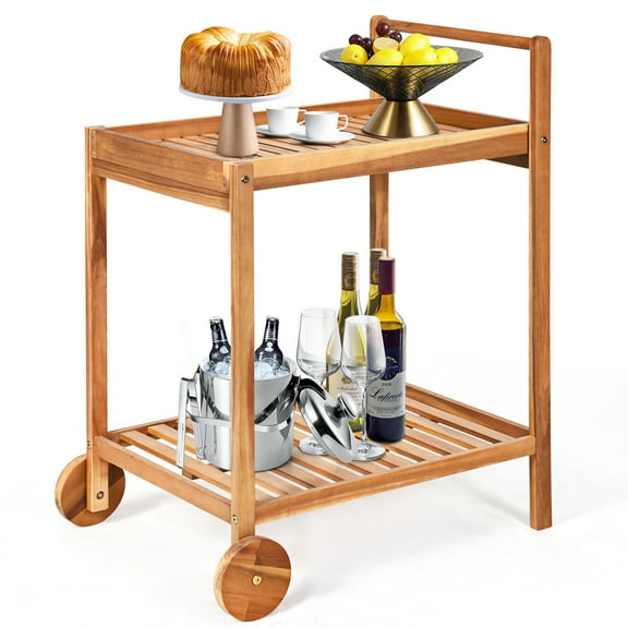 Gymax 2-Tier Acacia Rolling Kitchen Trolley Cart Dining Serving Cart Outdoor w/ Wheels