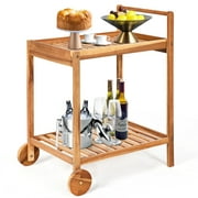 Gymax 2-Tier Acacia Rolling Kitchen Trolley Cart Dining Serving Cart Outdoor w/ Wheels