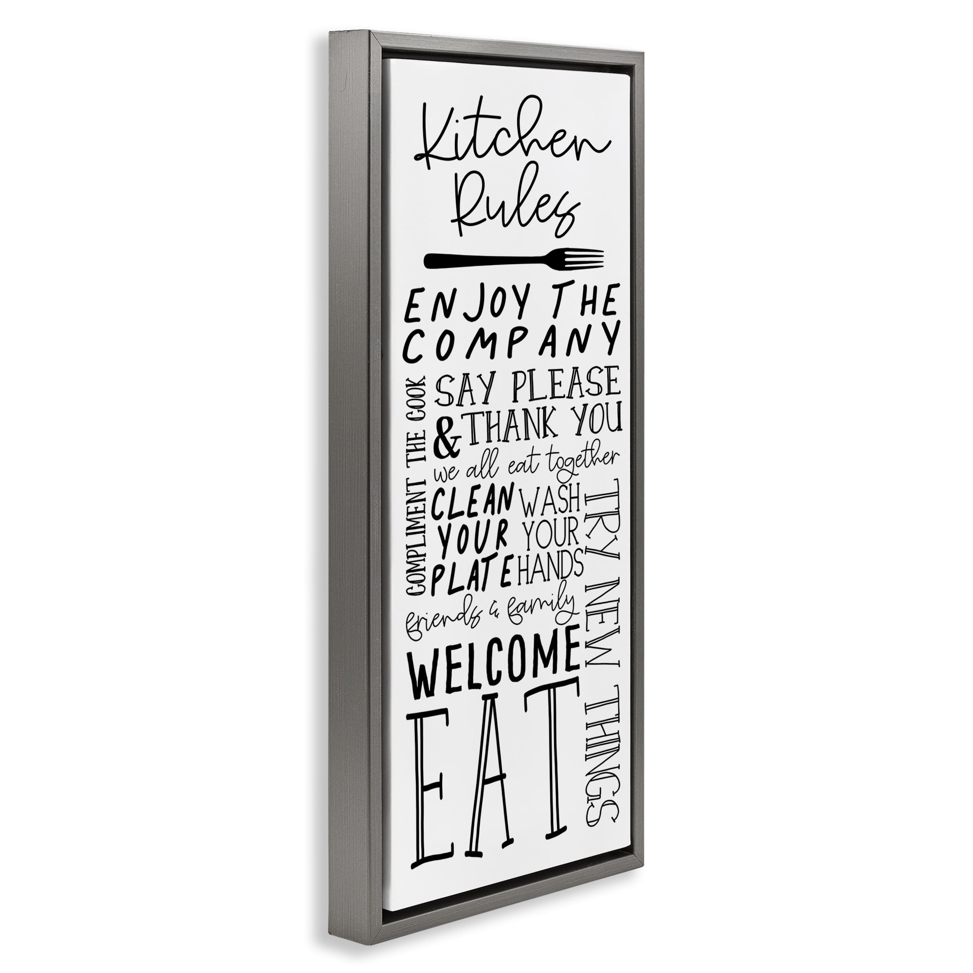 Stupell Industries Kitchen Rules Typography Food & Beverage Painting Gray Floater Framed Canvas Art Print Wall Art, 14 x 31