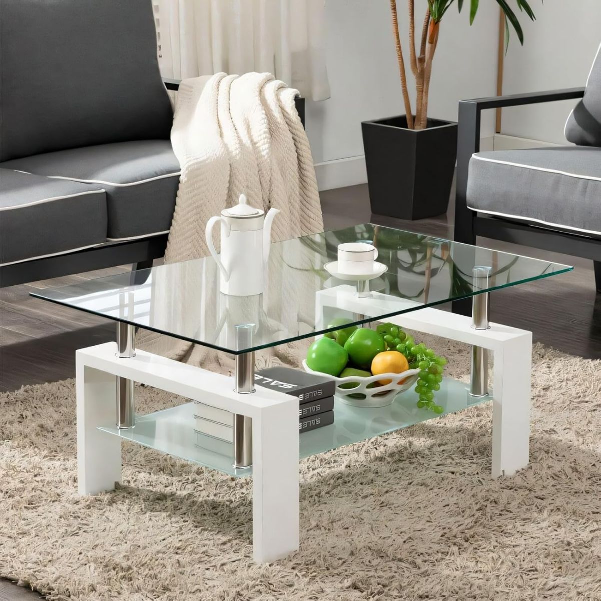 Rectangle Modern Coffee Table, 2 Tier Tempered Glass End Table, Living Room Table with Lower Shelf, Tea Table for Waiting Room, Reception Room, Office, White