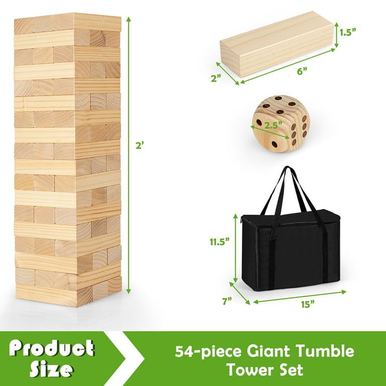 Costway Giant Tumbling Timber Toy 54 PCS Wooden Blocks Game w/ Carrying Bag  