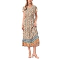thumbnail image 4 of INSPIRE CHIC Women's Boho Dresses V Neck Cap Sleeve Smocked A-Line Floral Tiered Flowy Maxi Dresses M Beige, 4 of 6