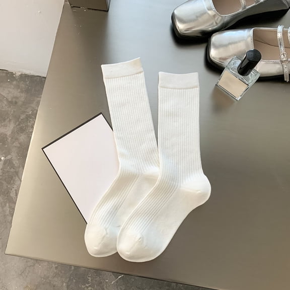 VONCOS Womens White Crew Socks, Ribbed Mid Calf Socks Stretchy Nylon Blend, Seamless Toe Everyday Basic Socks 1 Pair,Size Free Size
