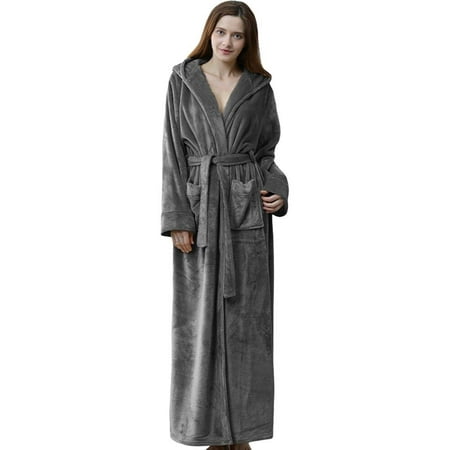 

Women Fleece Hooded Bathrobe Plush Long Sleeve Full Length Robe Soft Warm Shawl Collar Sleepwear Nightgown Robe with Pockets Cozy Holiday Vocation Housecoat Shower Bathrobe S-L Gray