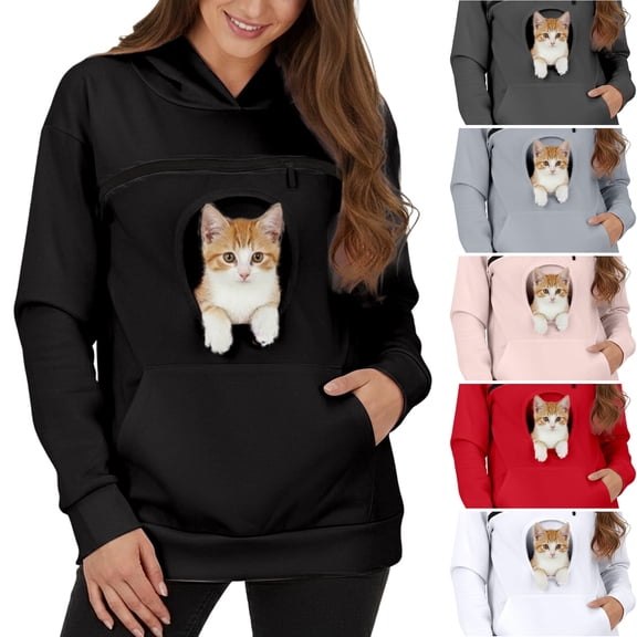 WULMLEO Cat Pouch Hoodies Zipper Oversized Drawstring Sweatshirts Kitten Dog Pet Carrier Pockets Cozy Fashion Tops Black Polyester