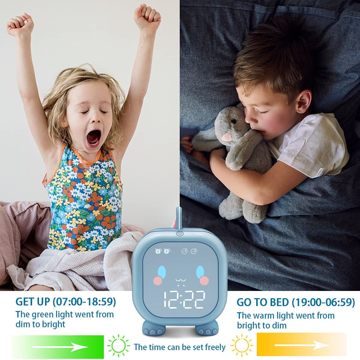 Kids Alarm Clock for Bedroom, Digital Alarm Clock for Kids, Toddler Sleep Training Clock with Night Lights, Bluetooth Digital Alarm Clock, Wake Up Light with USB for Boys Girls Birthday Gifts