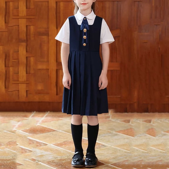 SGFCWSX Girls 3-Piece School Uniform Outfit, Kids Short Sleeve Collared Shirt with Bow Tie and Pleated Sleeveless Jumper Dress Set Navy Size 9-10 Years