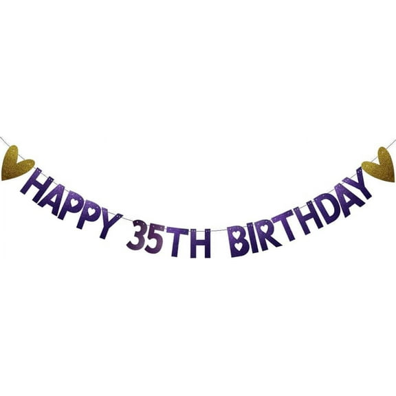 Happy 35th Birthday Banner, Pre-Strung, Purple Glitter Paper Garlands Banner for 35th Birthday Party Decorations Supplies, Letters Purple,