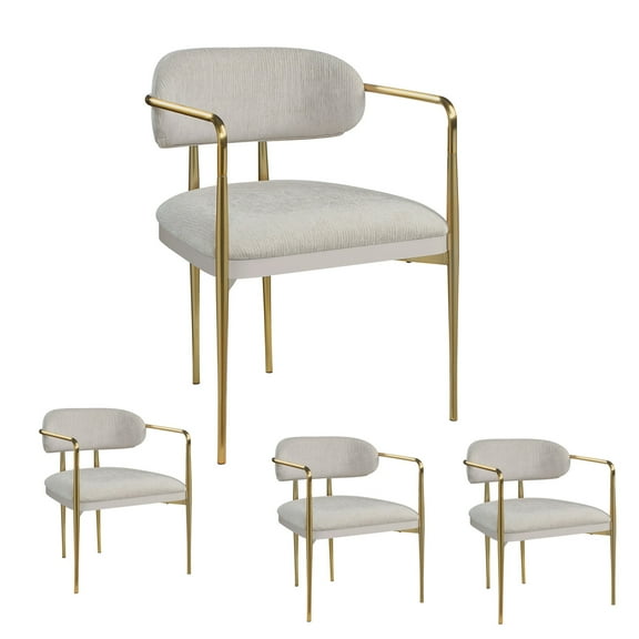 Set of 4 Chenille & Gold Arm Chair, Upholstered Dining Chairs, High Back Kitchen Chairs for Kitchen Living Room (Beige)