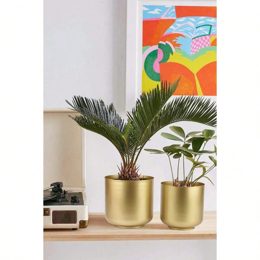 Large Gold Planters Metal Aloe Brass-Tone Plant Pots Indoor Decorative Flower Pots with Drain Holes 8+7.1Inch