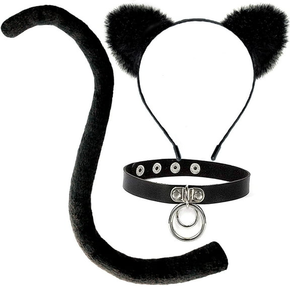 Cat Ears and Tail Costume Accessories Set for Women. With Furry Cat Ears Headband, 28-inch Long Black Tail & Faux Leather and Steel Choker Necklace.