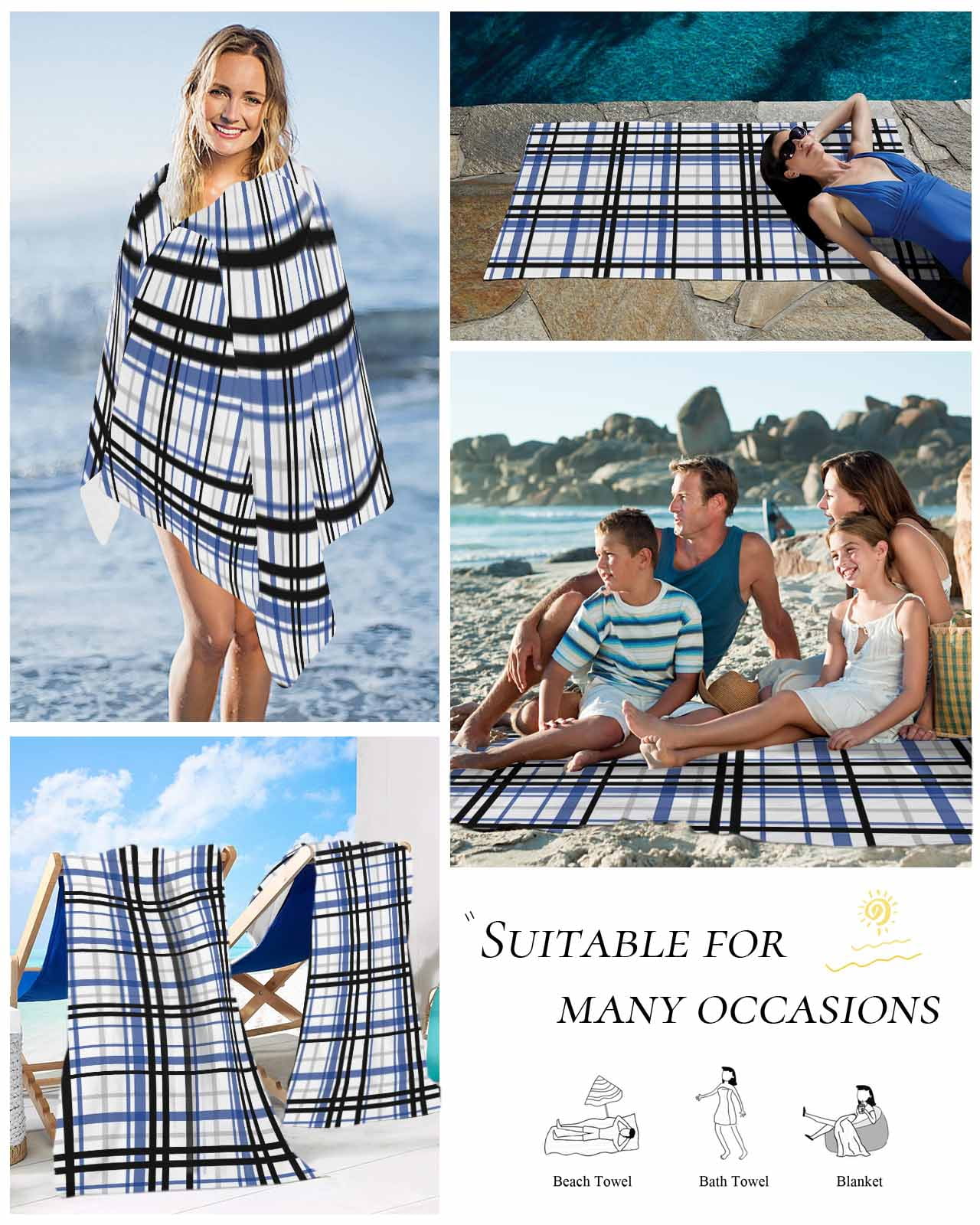 Blue Black Plaid Beach Towels Oversized Super Absorbent, Farmhouse Blue Black Checkered Lightweight Bath Towel Quick Dry Sets For Bathroom/Pool/Rv Camping/Beach Play/Gym Room/Picnic 30"x60"