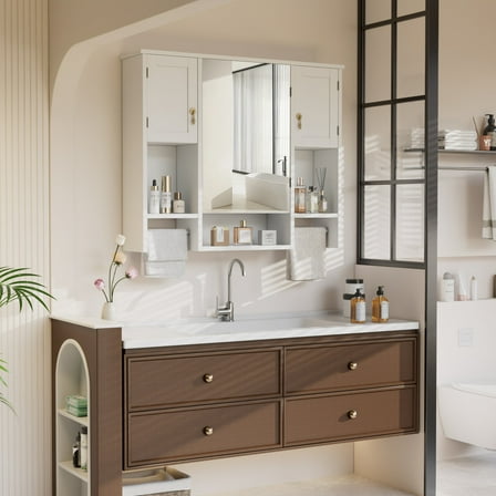 VECELO Bathroom Mirror Cabinets, Wall Mounted Medicine Cabinet with Open Shelf and Towel Bars, Hanging Over Toilet Storage Cabinet, White