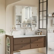 VECELO Bathroom Mirror Cabinets, Wall Mounted Medicine Cabinet with Open Shelf and Towel Bars, Hanging Over Toilet Storage Cabinet, White