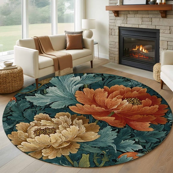 Round Rug 7Ft Washable Non-Slip, Vintage Floral Circle Area Rugs for Living Room Bedroom, Boho Red White Floral Leaves Country Vintage Indoor Floor Mats Carpet Runner for Home Decor Aesthetic