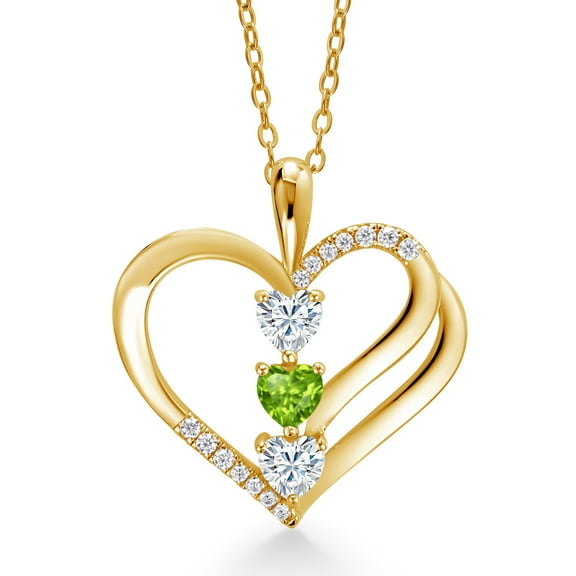 Gem Stone King 18K Yellow Gold Plated Silver White Moissanite and Green Peridot 3-Stone Pendant Necklace for Women (0.86 Cttw, Gemstone Birthstone, Heart Shape 4MM, with 18 inch Silver Chain)
