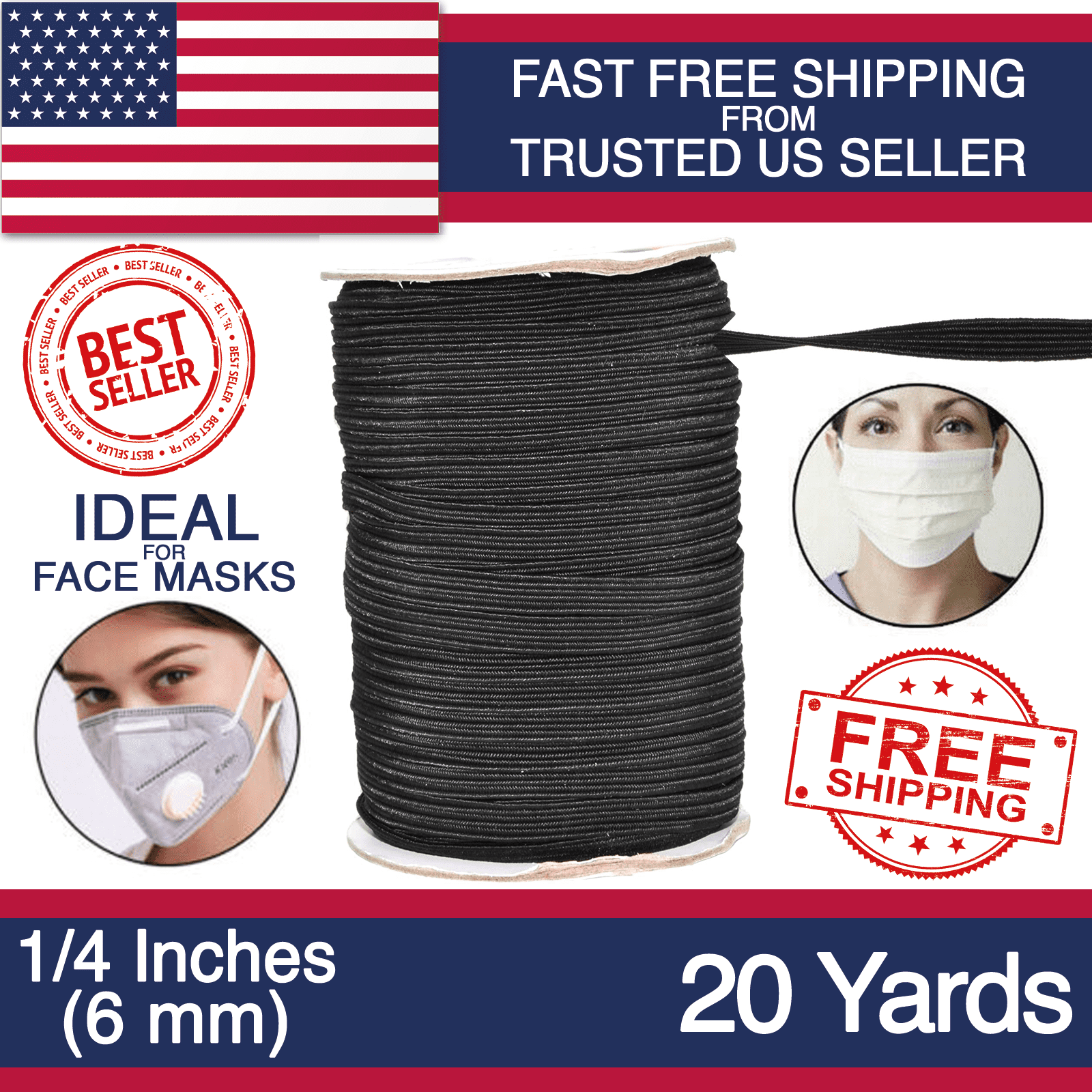 20 YARDS Flat Elastic 1/4 Inch Knit White FAST FREE SHIPPING Same or Next Day