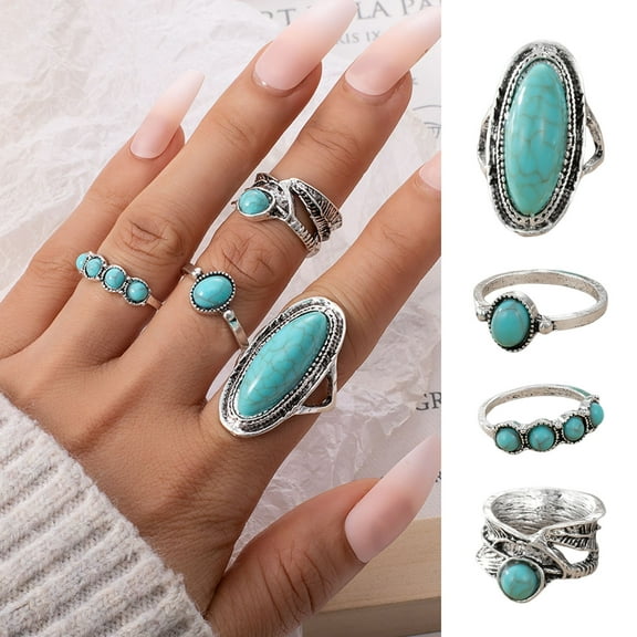 Pebbuoy 4Pcs/Set Women Finger Ring Set Bohemia Style Feather Irregular Faux Turquoise Decor Wide Finger Band Jewelry Gift