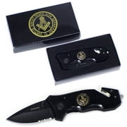 Freemason Mason Folding Black Pocket Knife w/ Seat Belt/Rope Cutter Masonic Seal