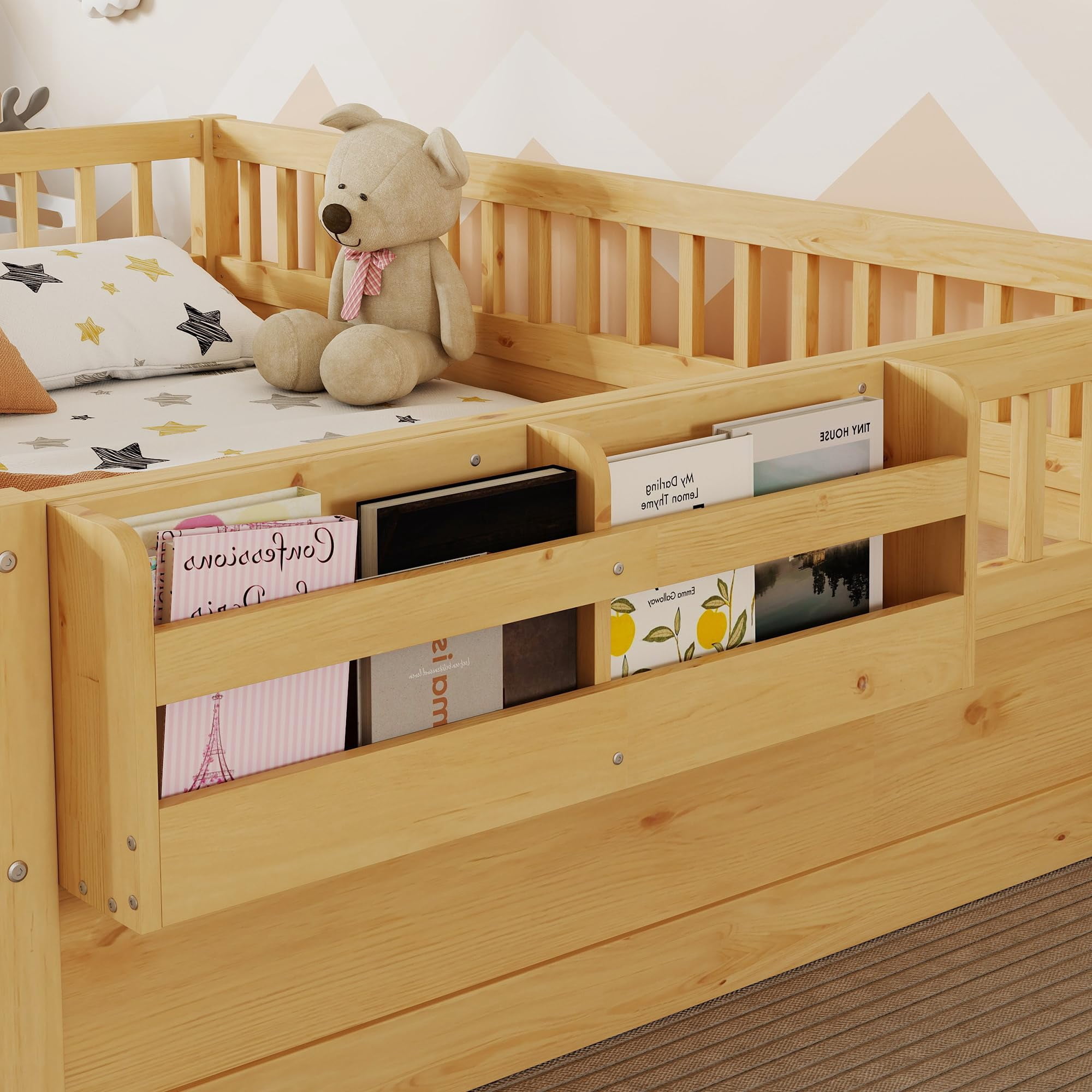 Mirightone Full Size Montessori Floor Bed LED Illuminated Safe Low Profile with Storage, Safe & Wider Opening Gate Design, Natural