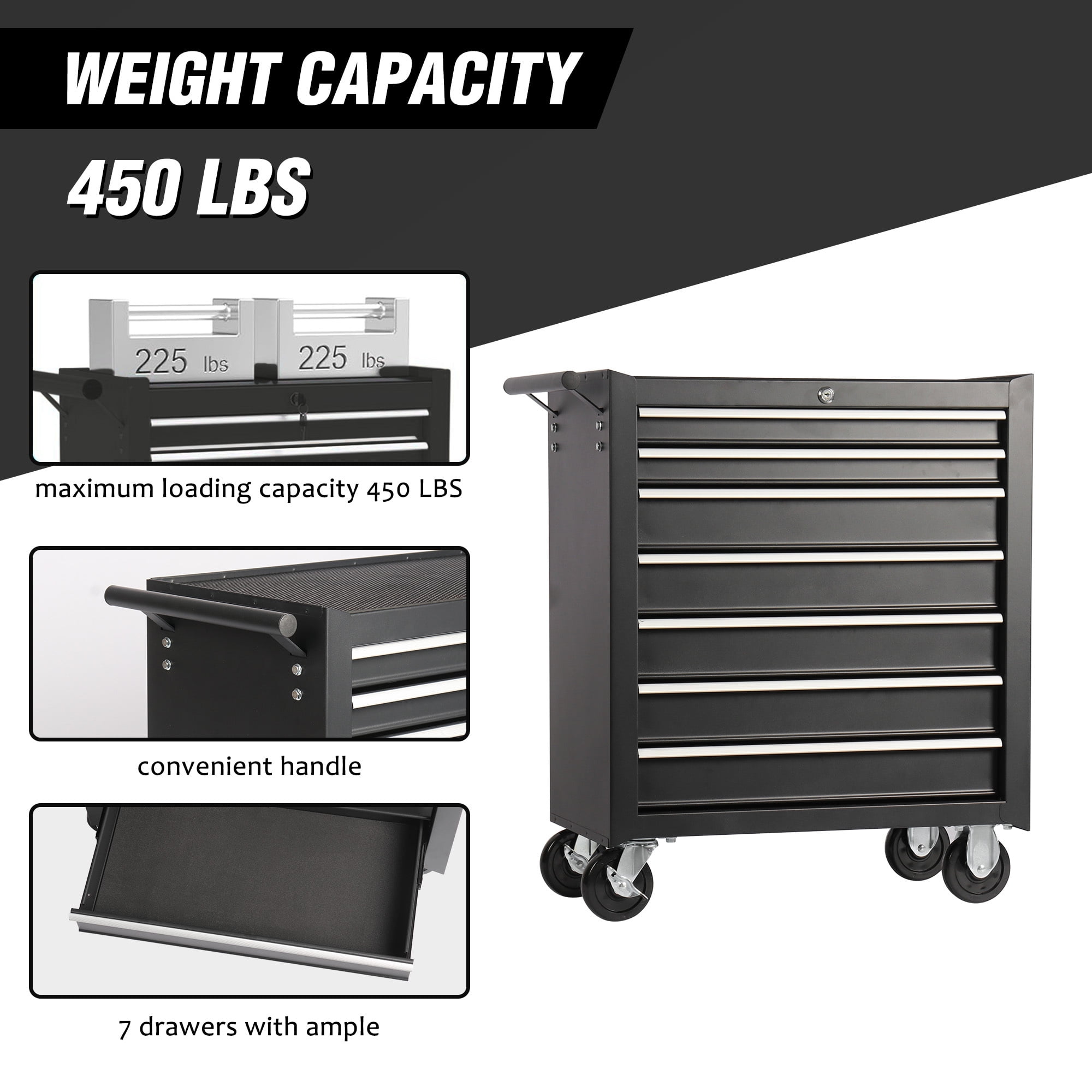 Rolling Tool Chest with 7-Drawer Tool Box with Wheels Multifunctional Tool Cart Storage Cabinet for Garage Black