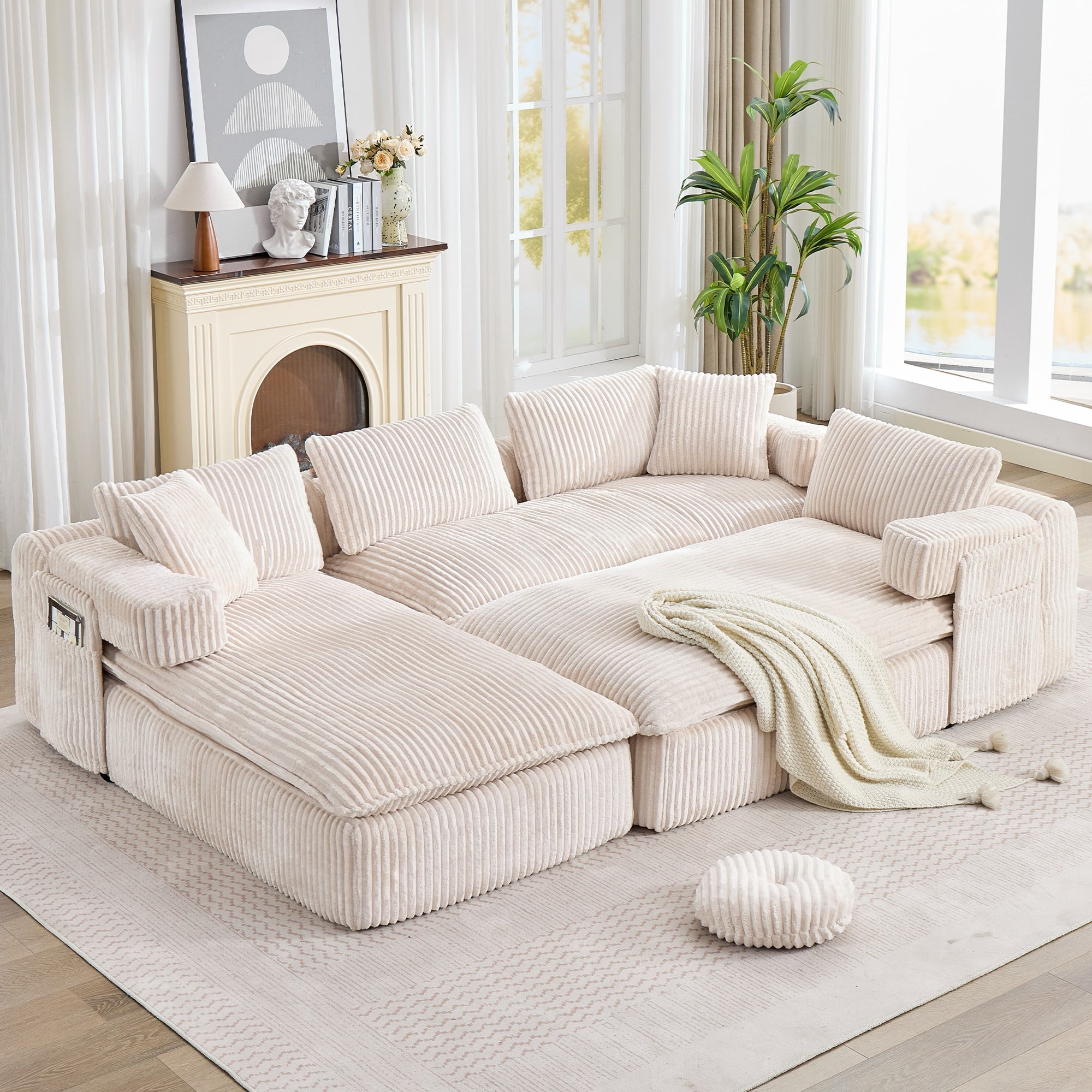 LLappuil Sectional Sofa, Oversized Sectional Couch Convertible Sofa Bed, 6 Seat Corduroy Sofa Couch with Side Pocket for Living Room, No Assembly Beige