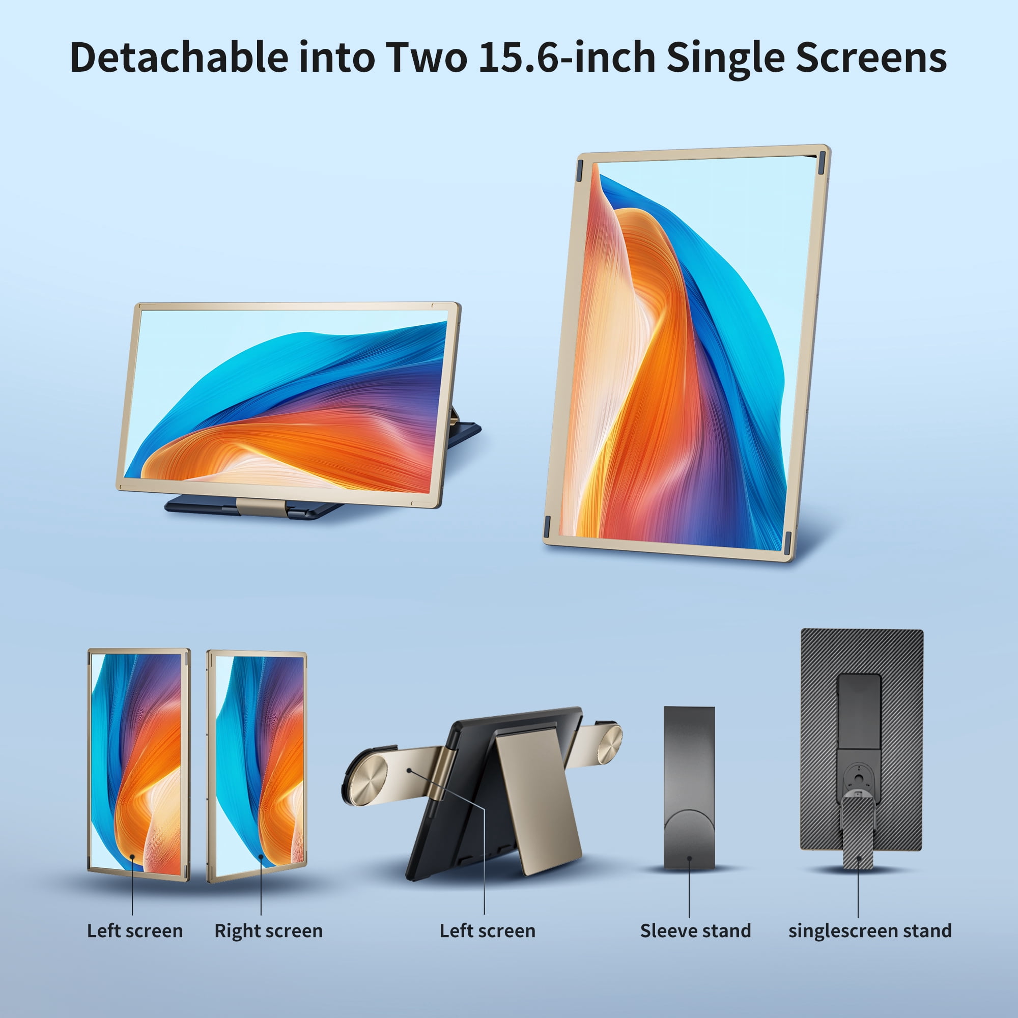15.6" Triple Laptop Screen Extender, Detachable 1080P FHD IPS USB-C Portable Monitor, Plug & Play for Mac/Win/Android/DeX