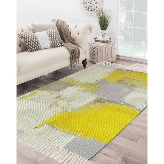 Yellow Large Area Rug 4x6ft Woven Runner Rug,Modern Geometric Grey Oil Painting Abstract Washable Living Room Bedroom Kitchen Bathroom Classroom Carpet with Tassels,Indoor Outdoor Throw Door Mat